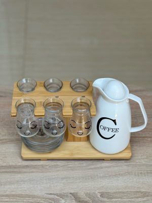 IMG_E9356 Charming Glass Coffee Set with Wooden Stand – 11-Piece Set